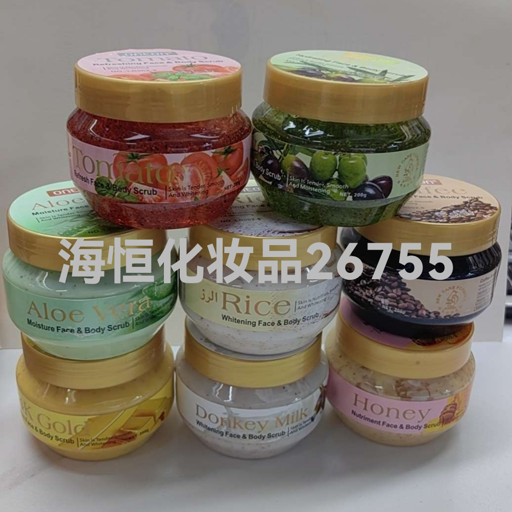 تصویر محصول: 磨砂膏英文出口外贸驴奶去死皮芦荟24k蜂蜜瓶装200克咖啡橄榄24k 专供出口