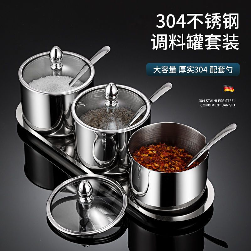 تصویر محصول: 304不锈钢调料罐可视圆形味盅盐罐佐料瓶带盖托盘调料瓶调料盒